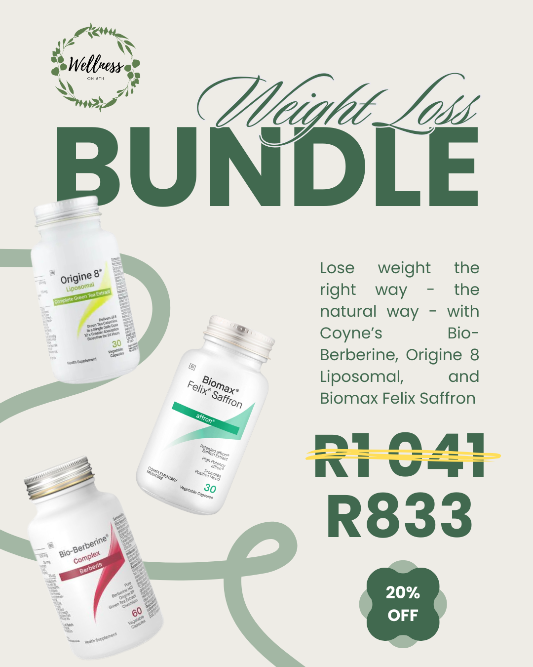 Advertisement for a weight loss bundle with three supplement bottles on a light background.