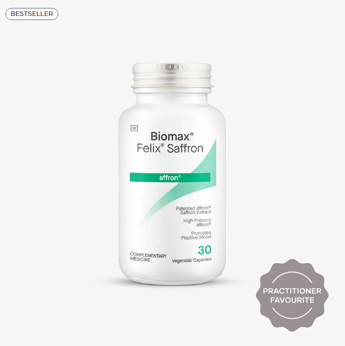 Biomax Felix Saffron supplement bottle on a white background
