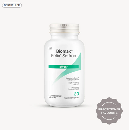 Biomax Felix Saffron supplement bottle on a white background